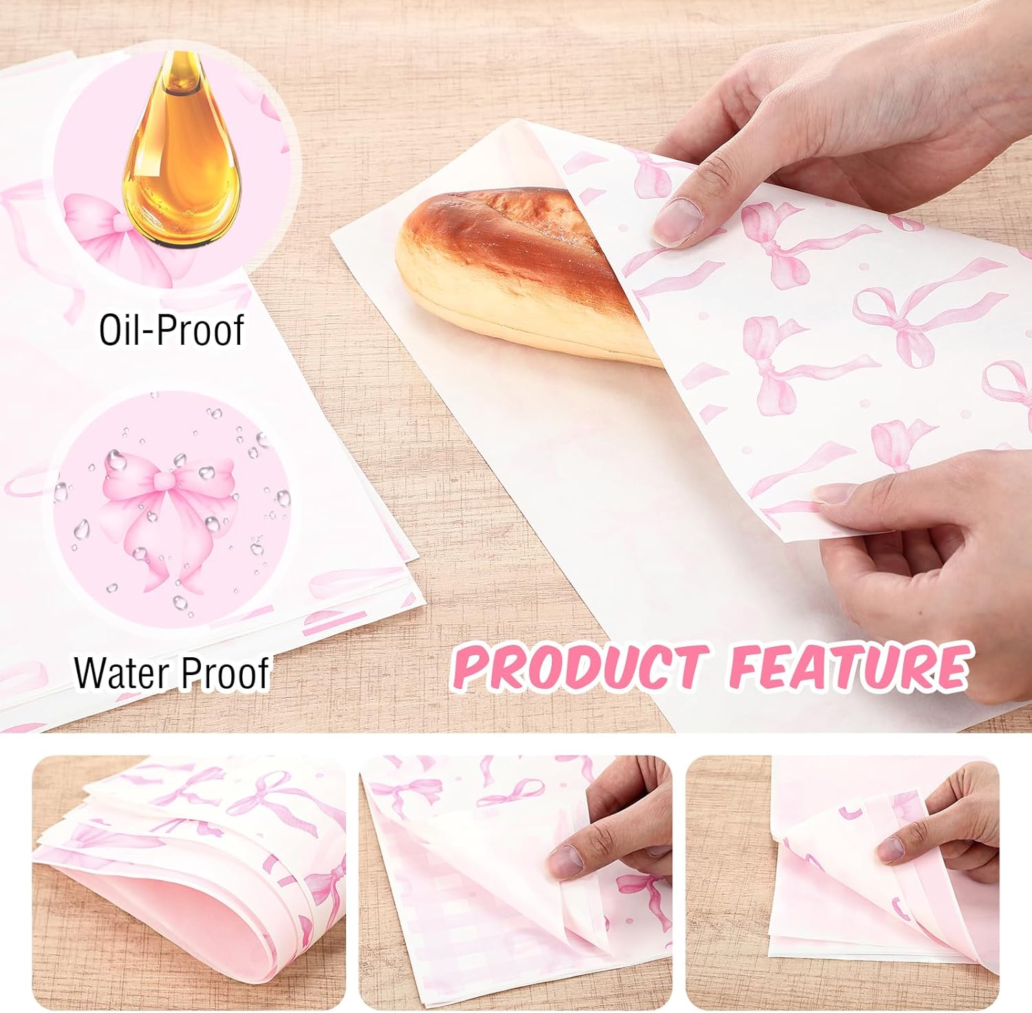 Reallnaive 600 Pcs Pink Bow Wax Paper Sheets 12 x 12 Inch Parchment Deli Tissue Paper Sandwich Wrapping Sheets Food Basket Liners for Kitchen Restaurant Baking Supplies, 6 Styles