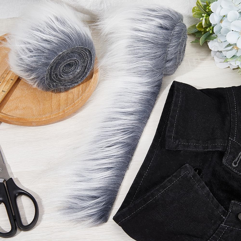 GORGECRAFT Shaggy Plush Faux Fur Fabric Precut Strips 2x240inch Fluffy Fuzz Craft Sewing Fur Cuts for DIY Halloween Christmas Winter Costume Gnome Beard Hair Cosplay Dwarf Rugs Decoration Light Grey