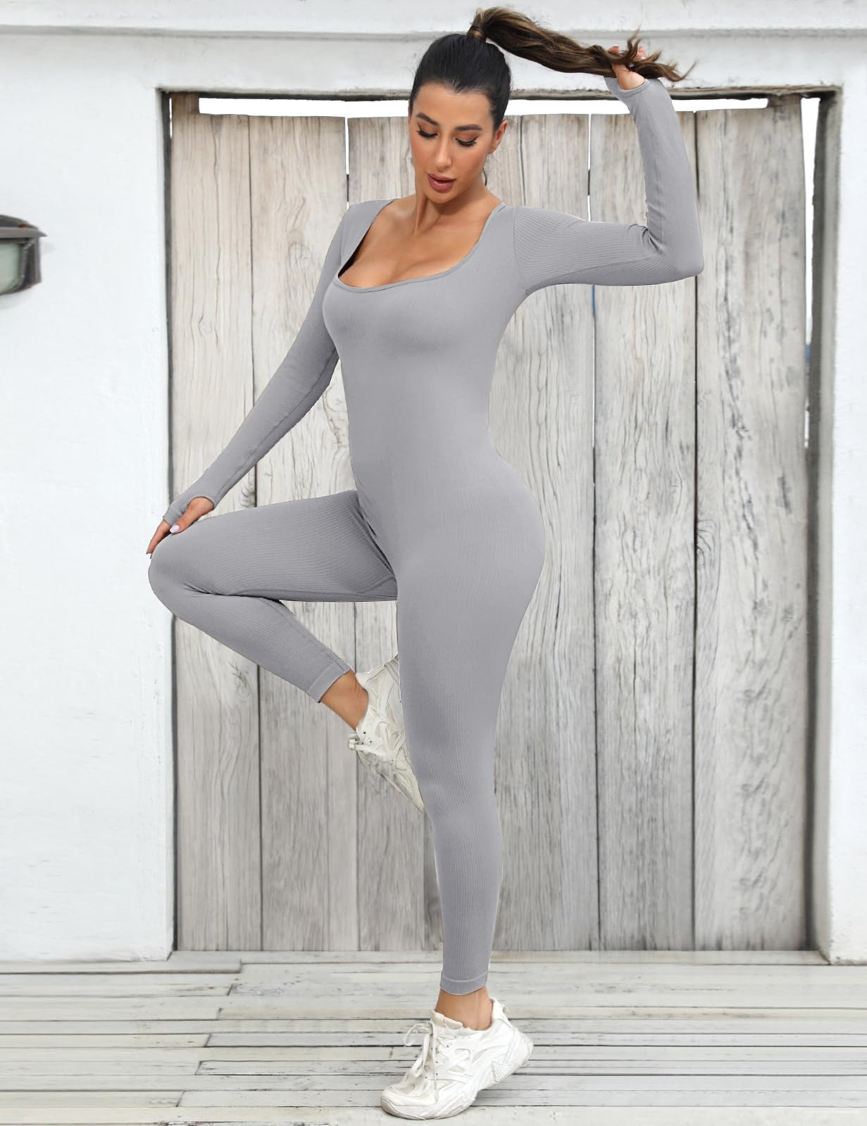 UMIPUBO Tuta Intera Donna Yoga Jumpsuit Sportiva Manica Lunga Tuta Intera Scollo U Completo Tinta Unica One Piece Palestra Leggings Slims Abbigliamento Moda Elastico Rompers Clubwear