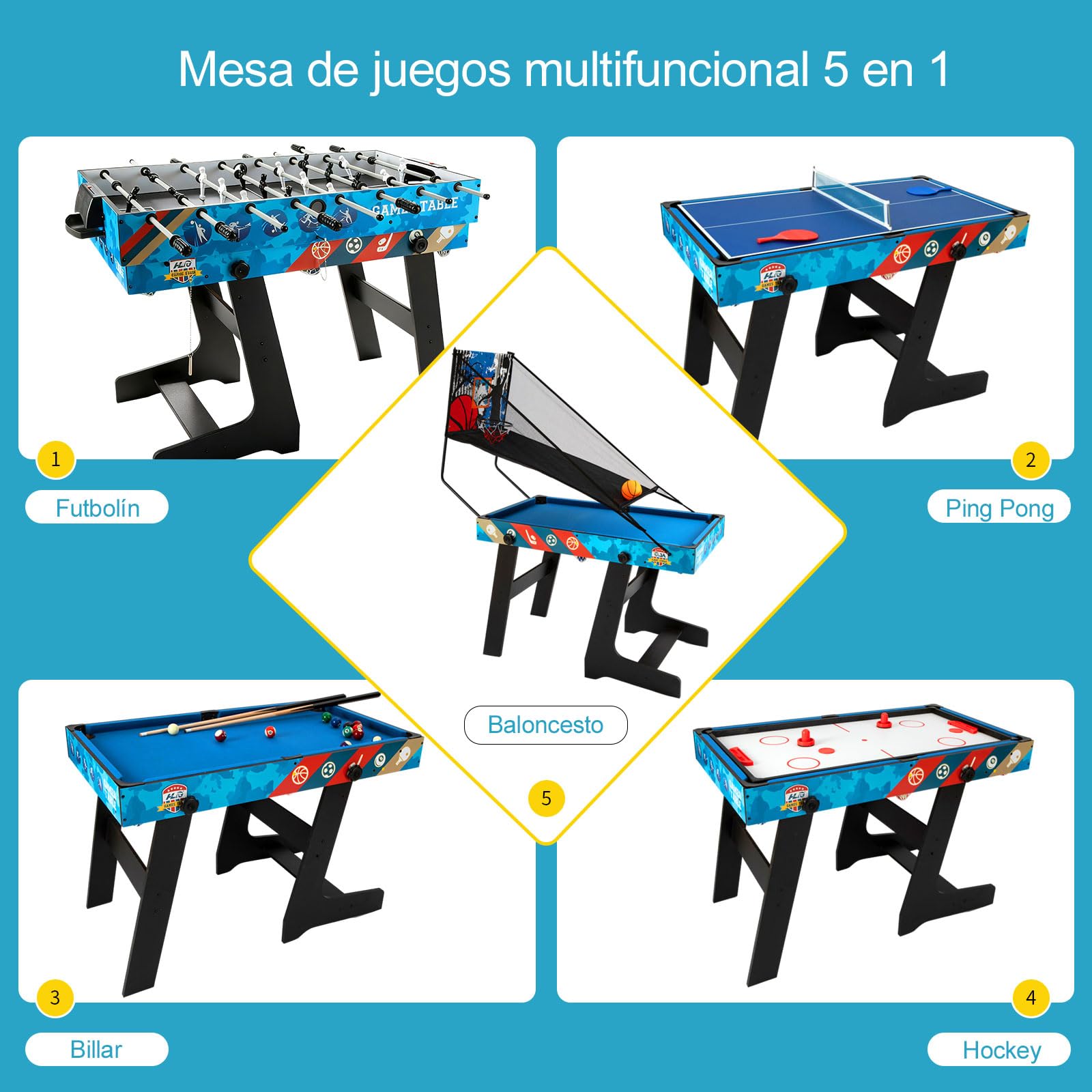 Juego de Mesa combinada 5 en 1 para niños Mesa de Ping Pong Mesa de Billar Fútbol Hockey Baloncesto para Navidad Familiar o Regalo de cumpleaños para niños (1,2 m de Longitud)