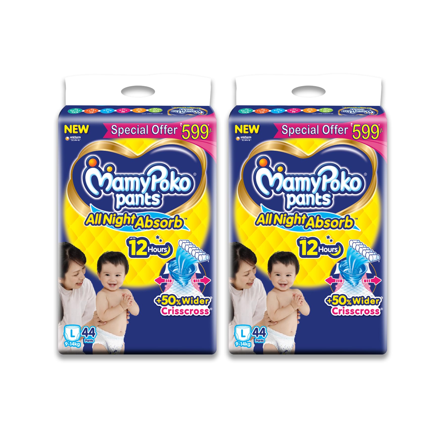 Mamypoko pants All night absorb| Pant Style Baby Diapers Large Size(L), 80 Count, Ideal for 9-14Kgs|1 Diaper= Upto All night Absorption|Wider Crisscross Sheet|Gentle Coco Care| 12hr Leakage Protection| Prevents Heaviness.