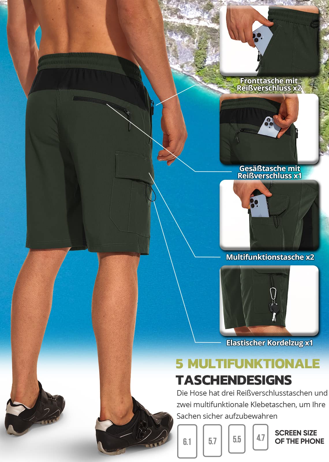 Hiauspor Pantalon de randonnée pour homme - Short de VTT - Léger - Séchage rapide - Avec 5 poches - Pour homme - Pour la randonnée, le plein air, le trekking, l'été, le travail et le sport, vert, XXXL