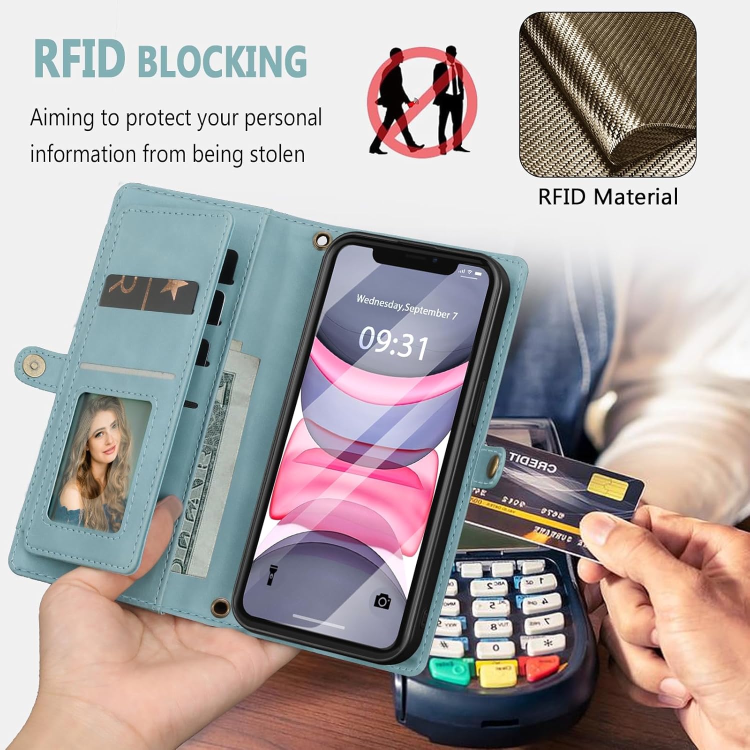 for iPhone 11 Wallet Case with Card Holder/Crossbody Wallet/Strap,[RFID Blocking][Magnetic] PU Leather Shockproof Protective Cover iPhone 11 Phone Case 6.1”,Blue - Image 4