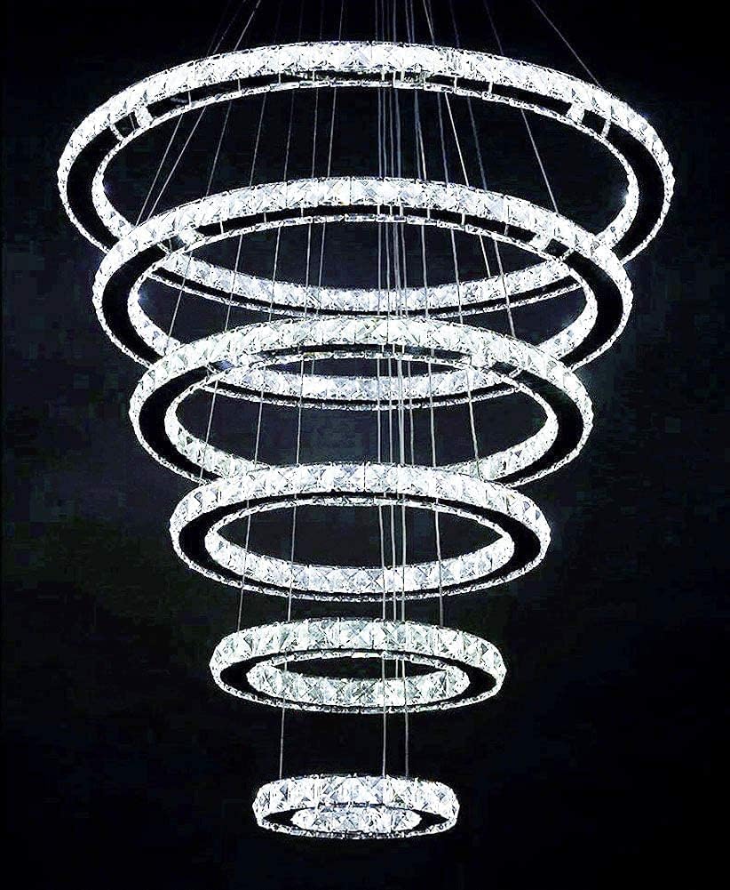 Moooni Modern 6 Ring Crystal Chandelier for High Ceiling, Large 3-Color Changing LED Pendant Light, DIY Design Chandelier for Living Room Staircase Foyer Entrance, D7.9-11.8"-15.8"-19.7"-23.6"-27.6"