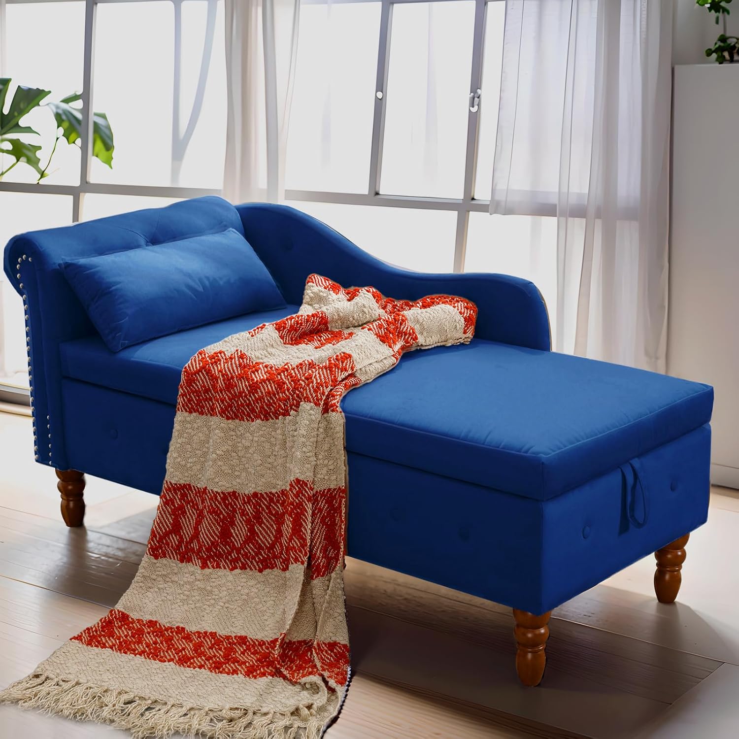 58 inch Velvet Chaise Lounge with Storage, Upholstered Lounge Chair with Lumbar Pillow and Rolled Armrest, Button Tufted Indoor Chair with Nailhead Trim, for Living Room Bedroom Office (Blue)