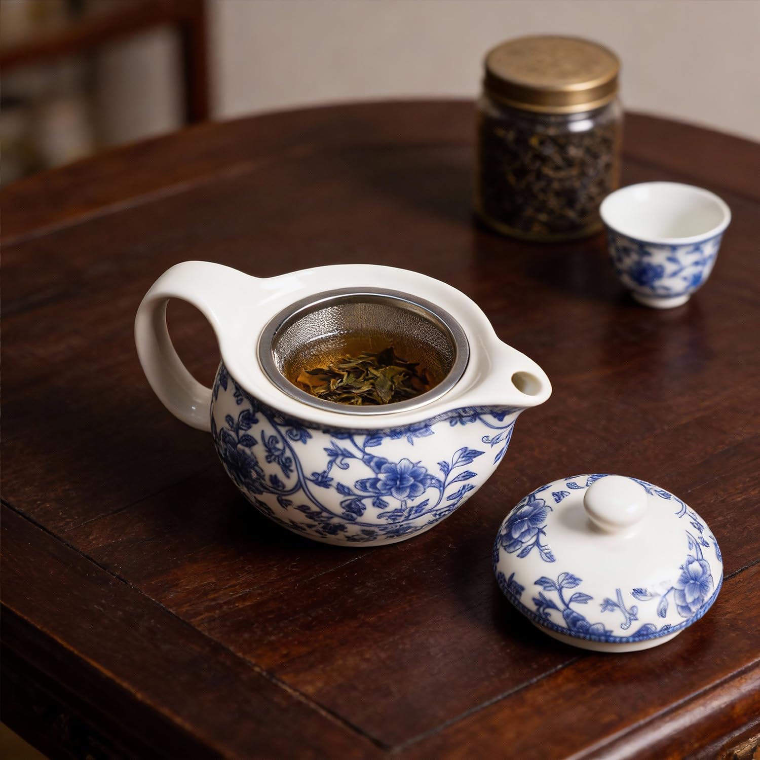 WAIT FLY Blue and White Ceramic Tea Pot with Removable Infuser, Teapot for Loose Leaf and Blooming Tea-Flower