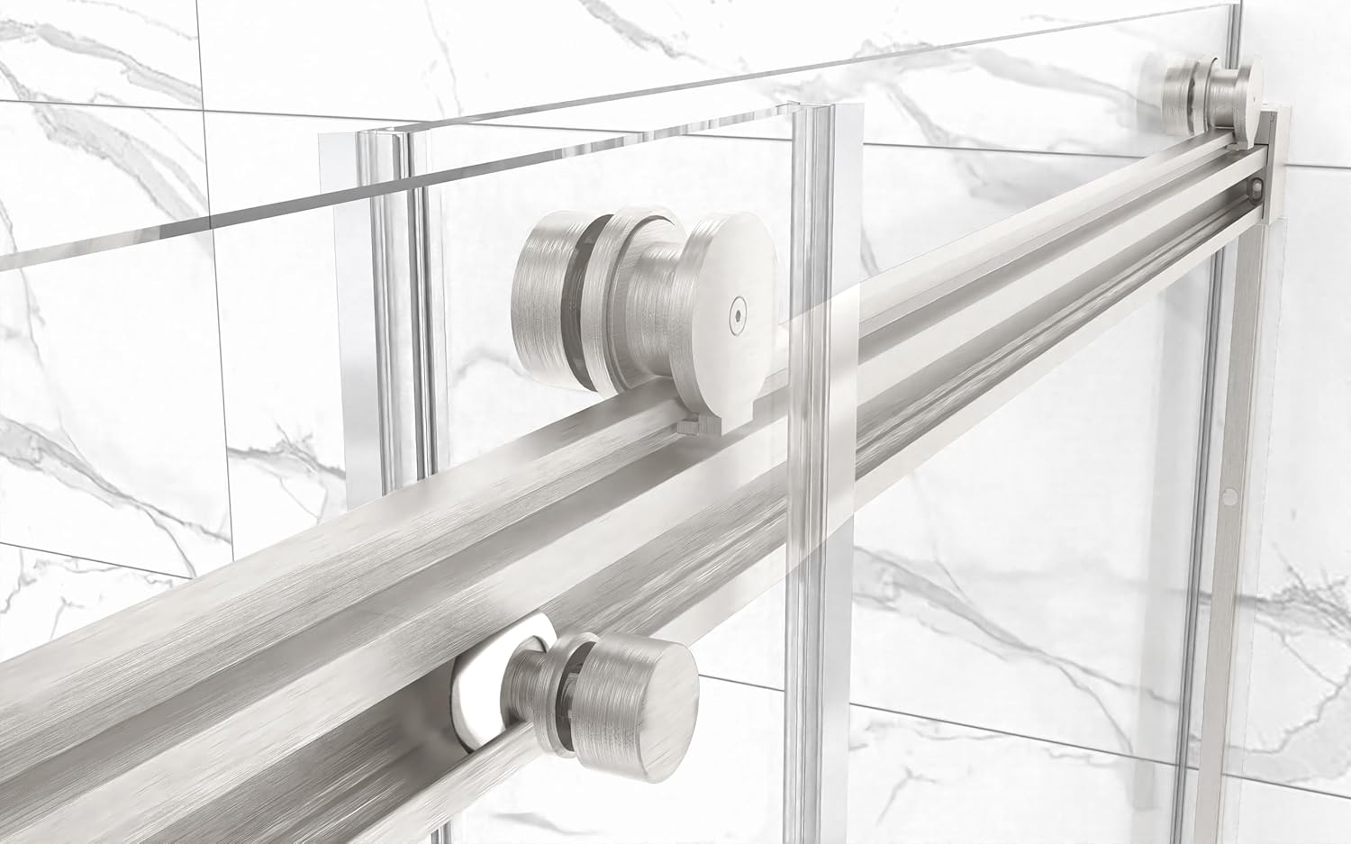 Close-up of shower door top track and rollers