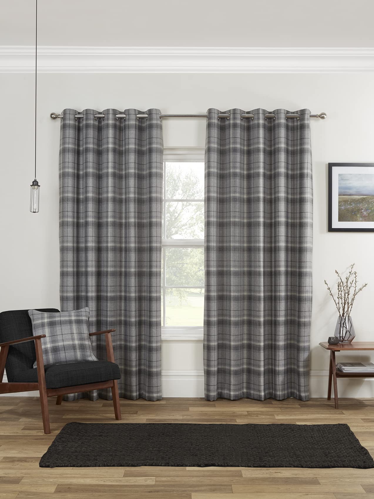 Sundour  Carnoustie Tartan Eyelet Curtains - Grey - 90x54 In