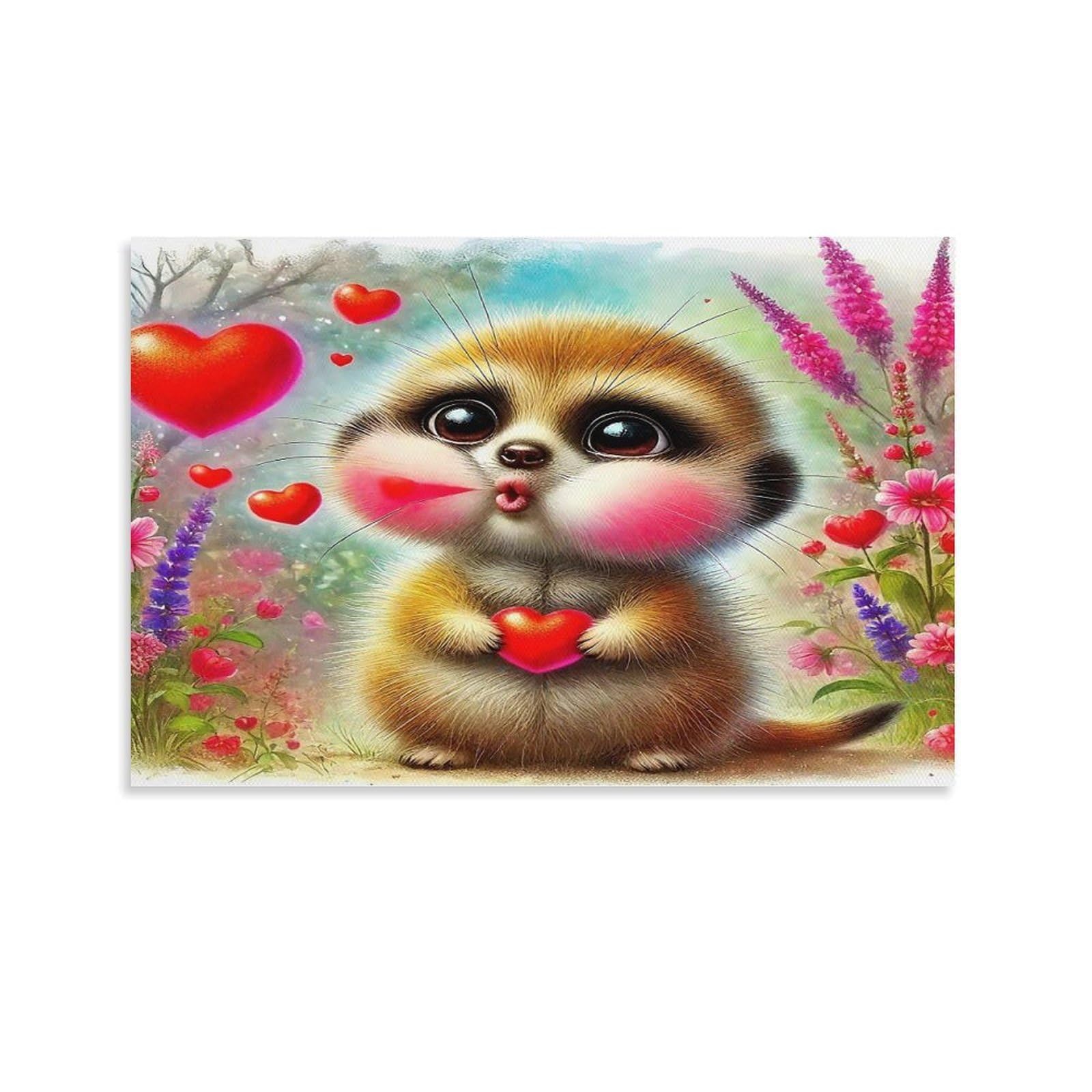 CPLVKWRQJ Sleeping Warthog And Meerkat in Jungle Individual Cute Meerkat Red Heart Wildflower Meadow Framed Canvas Art - Living Room Focal Point Fade Resistant Gallery Wall Decor 20x30inch(50x75cm)