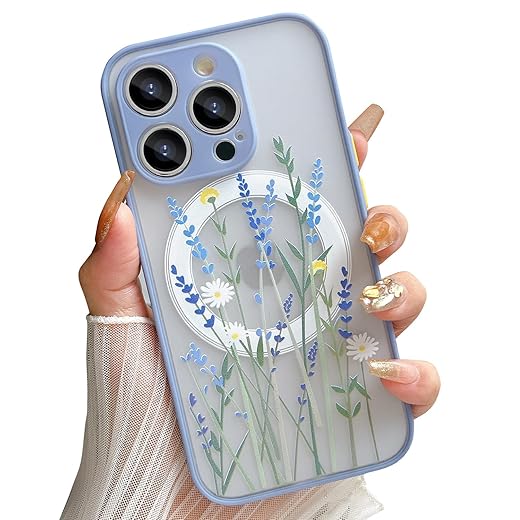 Skyseaco for iPhone 13 Pro Max Case Compatible with MagSafe for Clear Frosted PC Back Protector Flower Shockproof Floral Design Protective Women Girls Phone Cover - Lavender Blooms/Purple