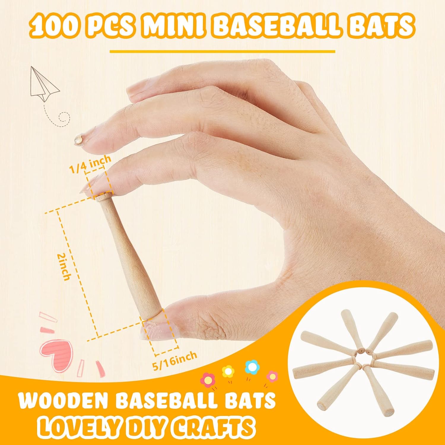 Wesiti 100 Pcs Mini Baseball Bat 2 Inch Unfinished Wooden Unpainted Small Baseball Bats Miniature for Painting Keychain Action Figures DIY Craft Projects Ball Sports Party Favors
