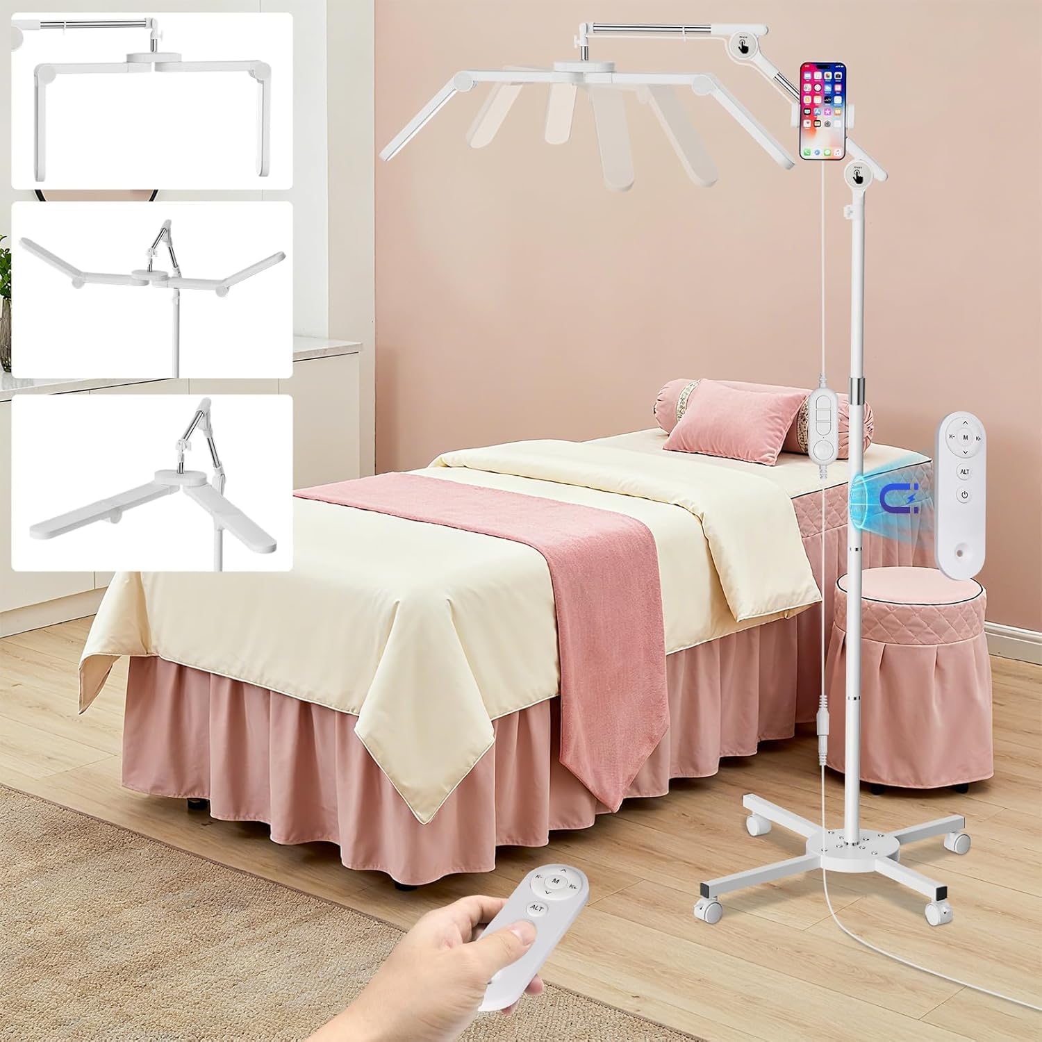 40W Foldable Square Lash Light for Beauty Salon, 3 Color Modes & 10 Dimming Brightness, 34.5in Adjustable beauty light Head & Arms & Height, Remote Control LED Eyelash Tech Tattoo Light (White)