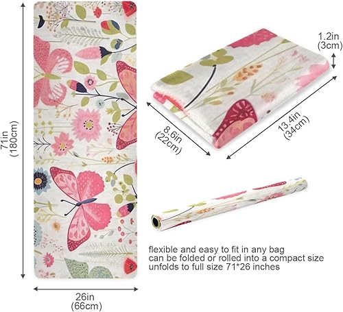 Miniatura 5 de Tapete de yoga con mariposas rosas para mujeres y hombres, 71 x 26 pulgadas, plegable, antideslizante, para pilates, aeróbicos, ejercicios de suelo