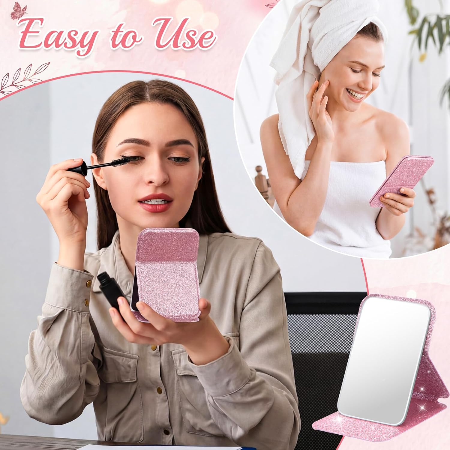 RattanView 12 Pcs Pink Compact Mirror Bulk Glitter Cute Travel Makeup Mirror 4.2'' Ultrathin Handheld Folding Pocket Mirrors Gift for Camping Sleepover Spa Bridal Shower Slumber Birthday Party Favors