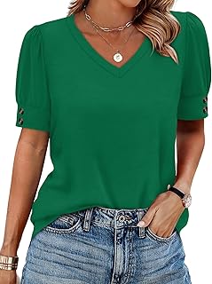 Womens Tops Short Sleeve Shirts Buttons V Neck Spring Fashion Summer Outfits Plus Size Blouses Dressy Casual
