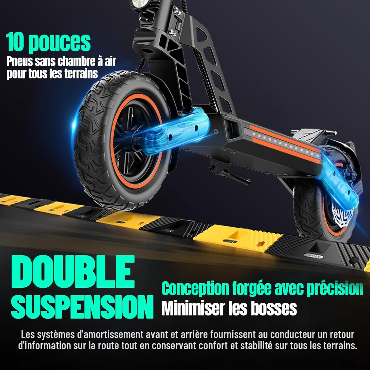 Image montrant des pneus sans chambre à air de 10 pouces et un système de double suspension