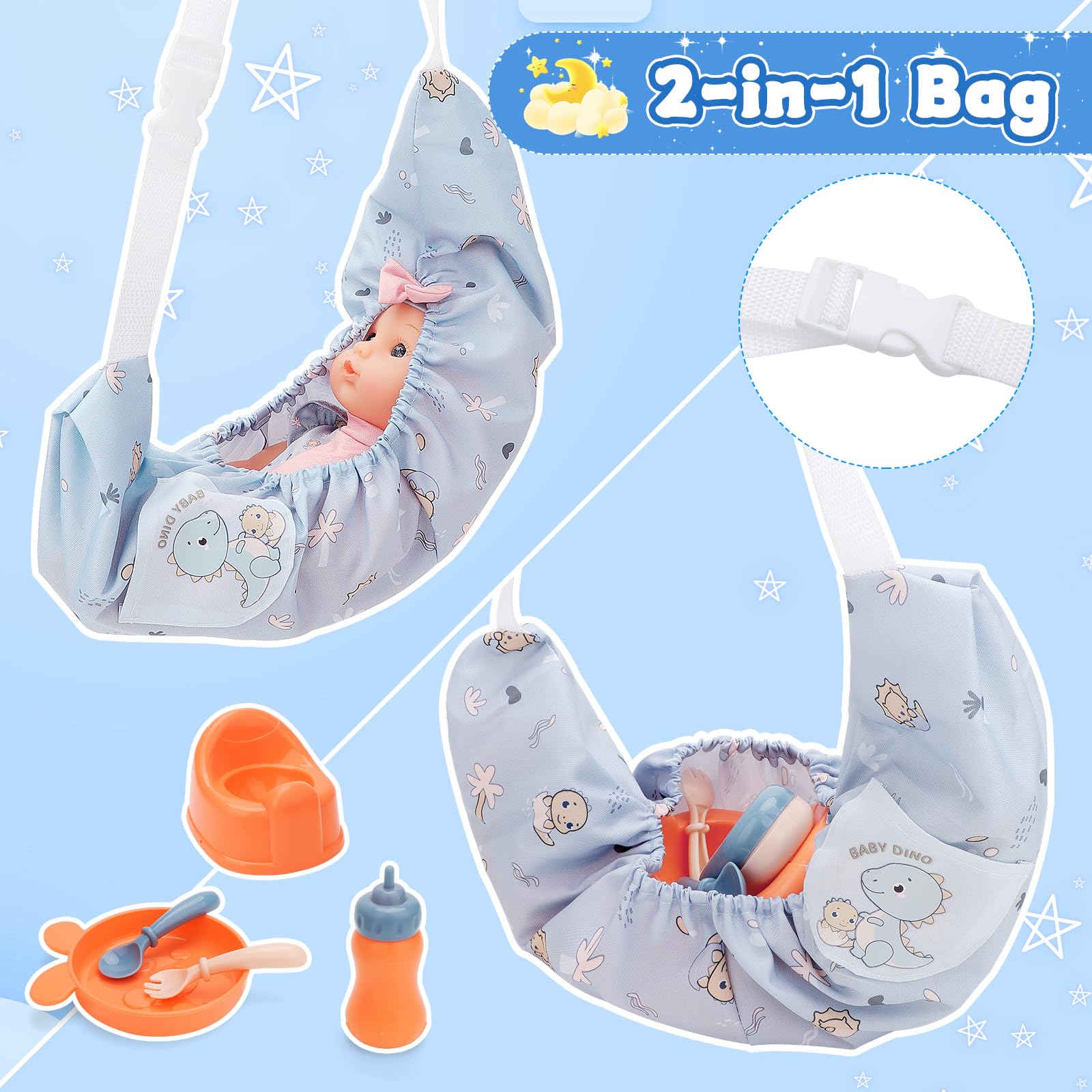 deAO Set de Accesorios para Muñecas - con 30CM Muñeca, Cochecitos Plegable, Tronas, Cunas, Bolsa para Guardar, Vajilla - Juguetes para Juegos de rol, Regalo Ideal para Niñas a Partir de 3 Años