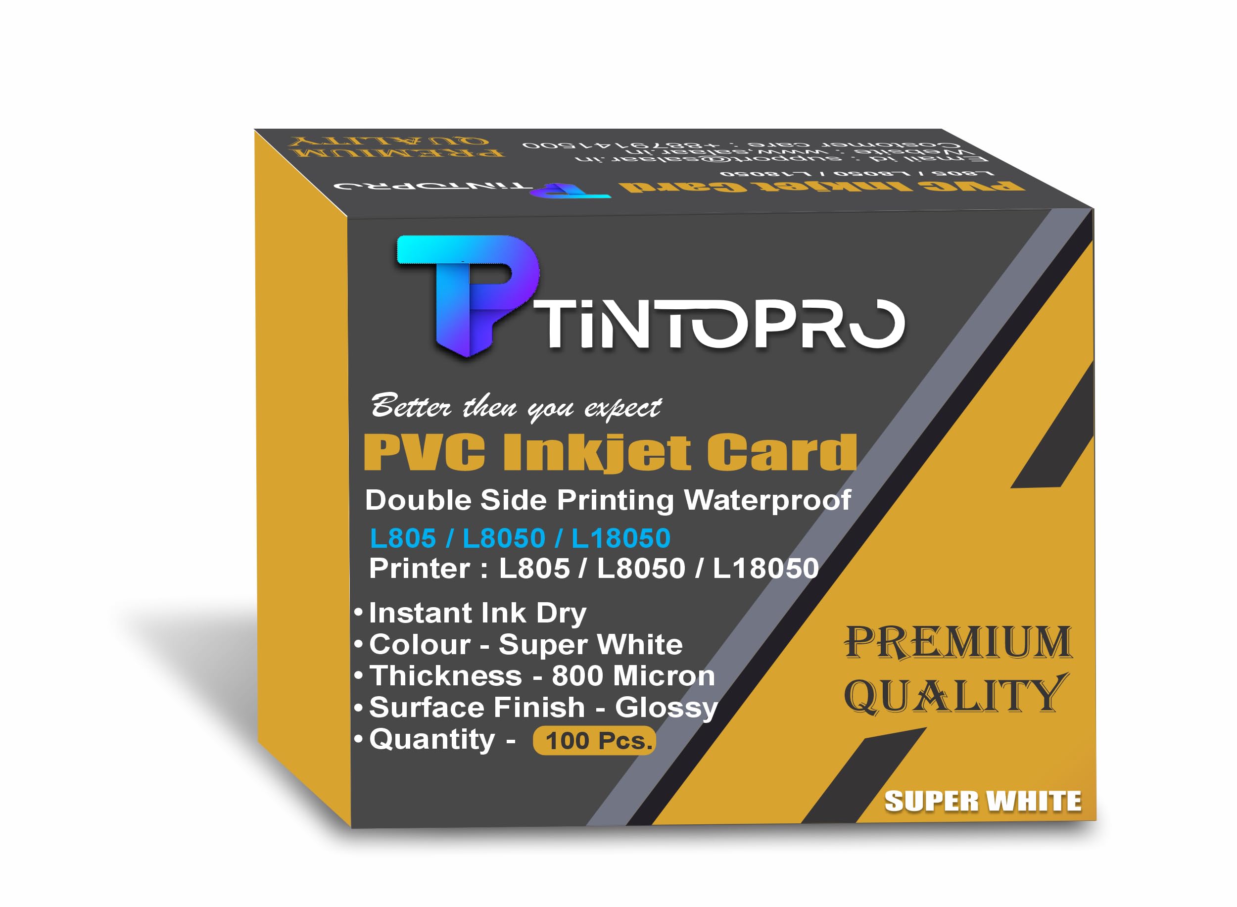 TINTOPRO PVC Inkjet Card, Super White, 800 Micron, Double Side Printing Waterproof, Glossy Finish, 100Pieces, Compatible with L805/L8050/L18050 Printers