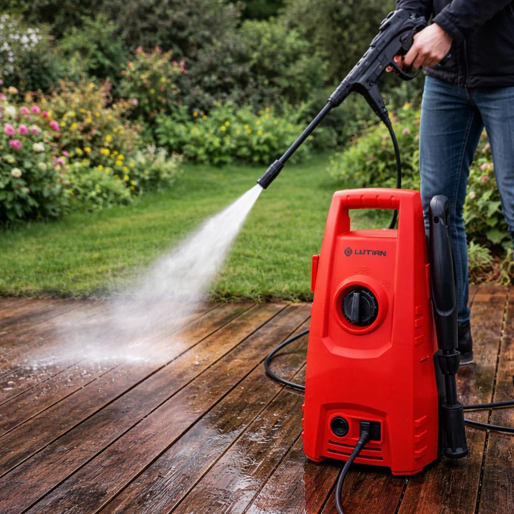 Person using Sulfar Lutian High Pressure Washer 1400W to clean a wooden deck