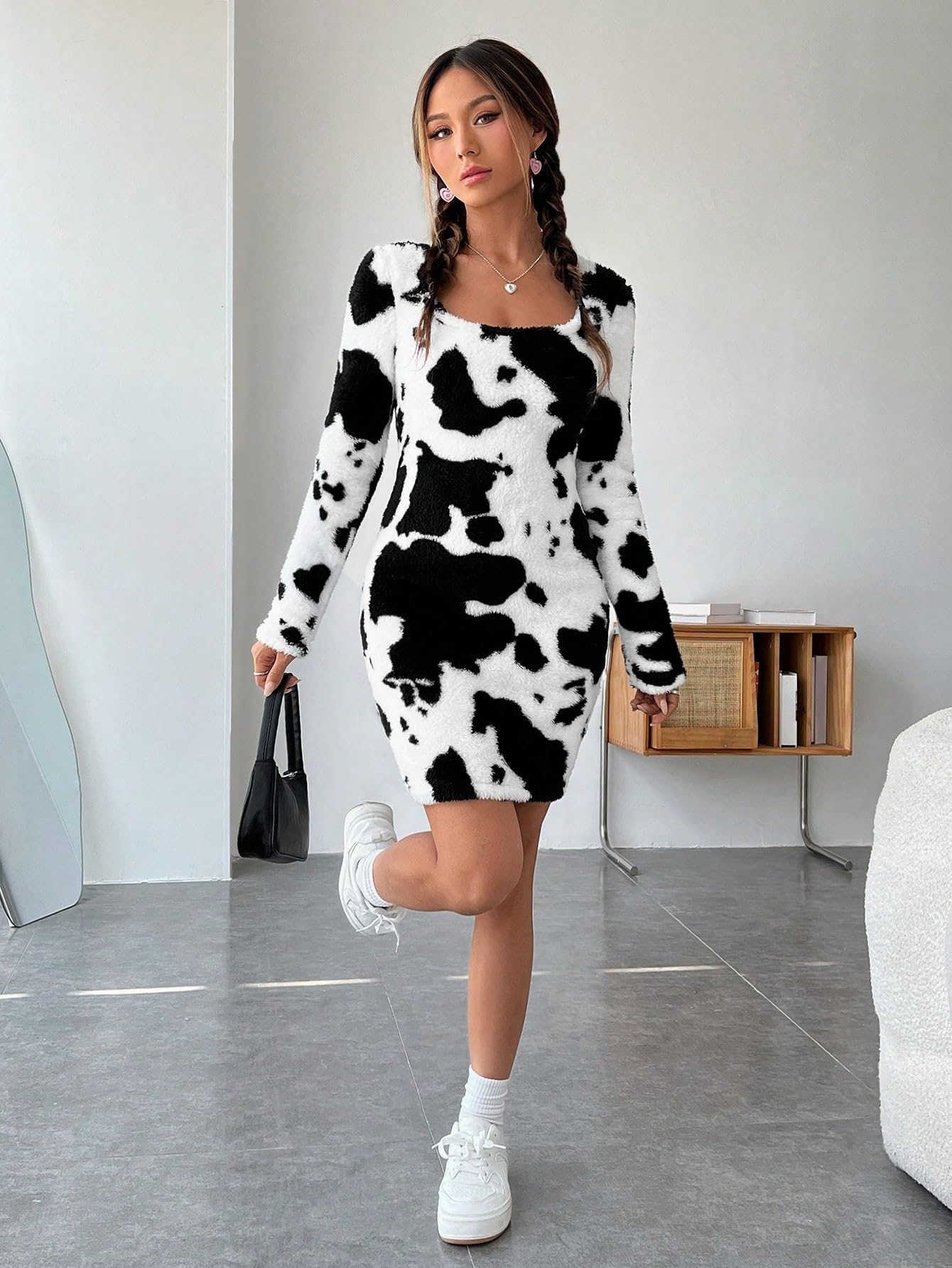 cow print bodycon dress White & Brown Multi Trim Sequin Cow Print Dress  Queen of Sparkles