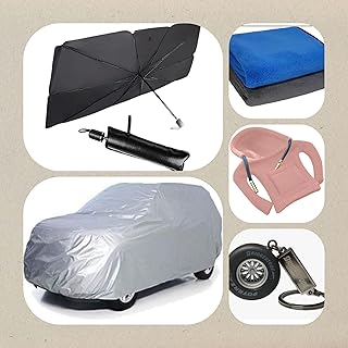 Auto MYK Car essentials Gift Kit for JOLION include High quality water proof cover + Car Windshield Sun Shade +Bridgestone Key Chain + Assorted color Gear Hoodi +2 Microfiber towel + Sting bag