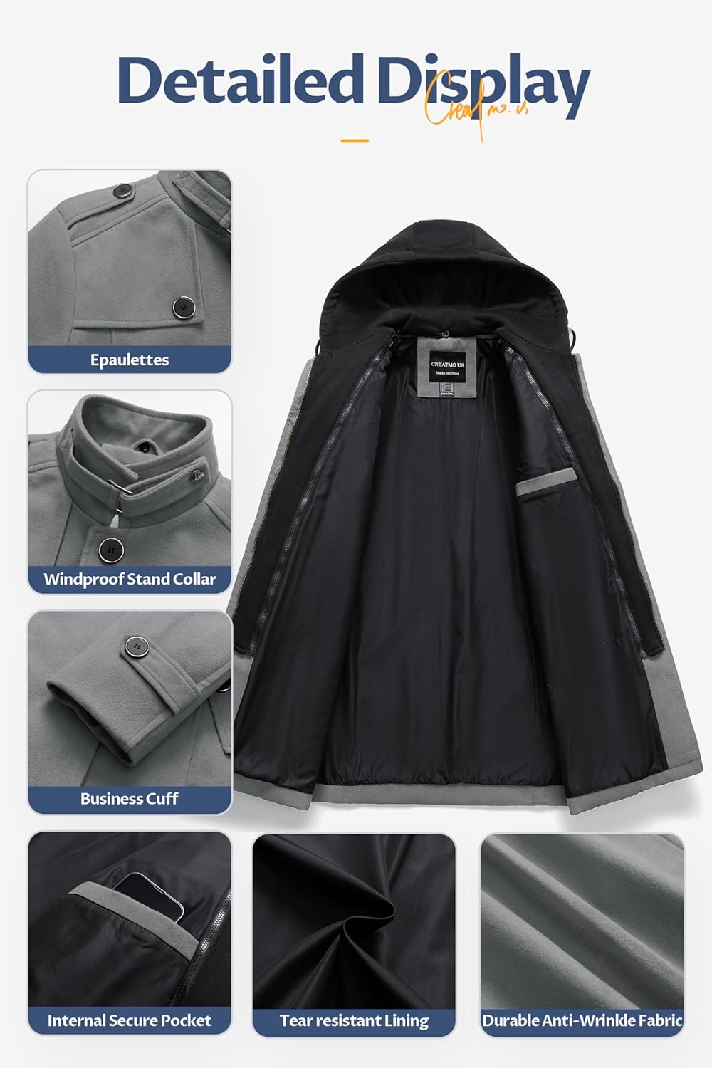 CREATMO US Men's Classic Pea Coat Wool Blend Trench Coat Windproof Business Overcoat With Detachable Hood - Image 6