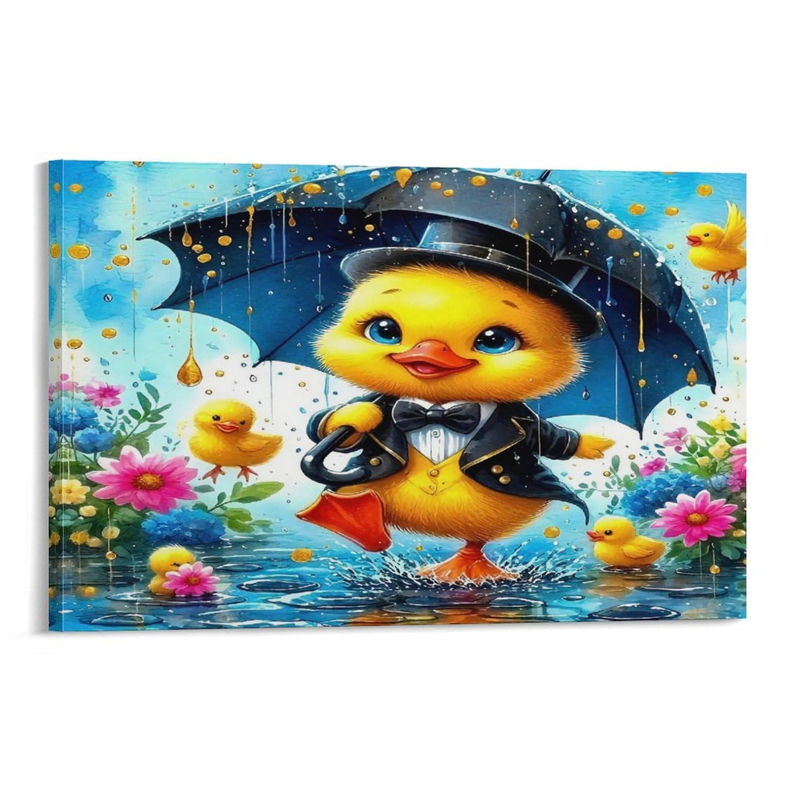CPLVKWRQJ Cute Duckling 1 Piece Duckling Suit Top Hat Umbrella Flowers Canvas Wall Hanging - Living Room Gallery Wall Focal Point Fade Resistant Decor 20x30inch(50x75cm)