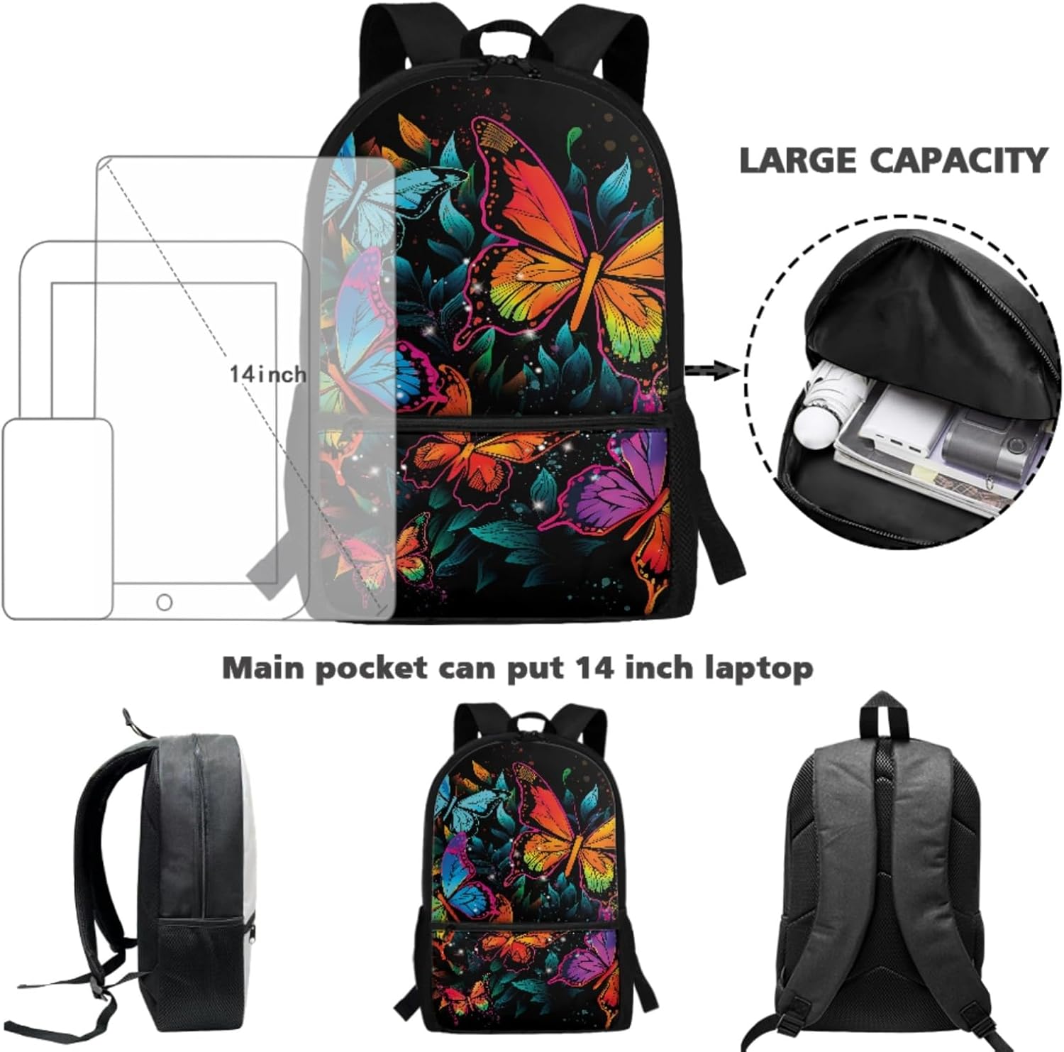 Children School Backpack Set Butterfly Painting Large Capacity School Bag with Small Insulated Lunch Bag 2 Piece Bookbag