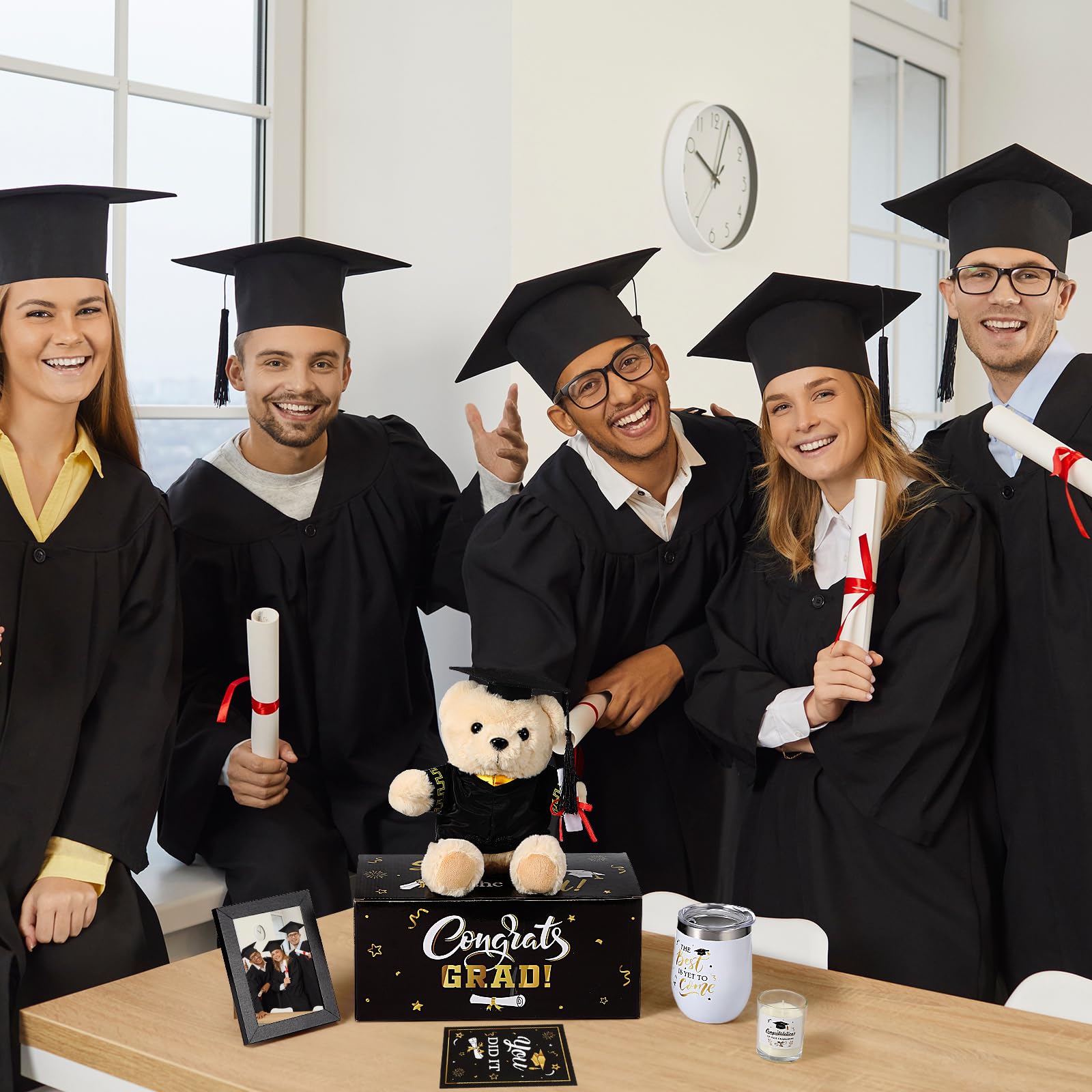 FoldTier Graduation Gifts 2026, Congrats Grad Gift Box Set with Wine Tumbler, Bear, Candle, Notebook, Photo Frame, Socks, Bracelet and Card for College High School, Classic Black Gold