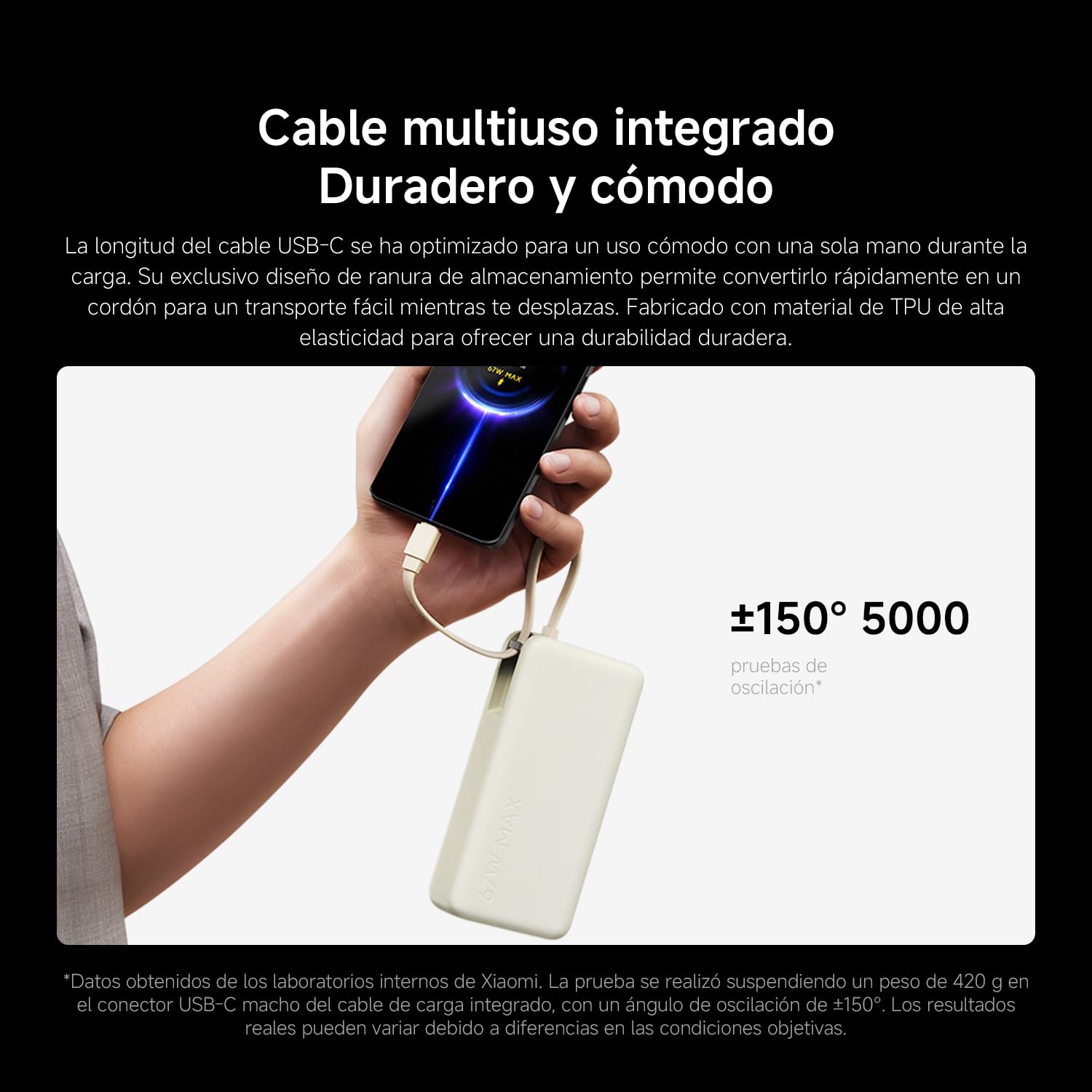 Xiaomi 67W Power Bank 20000mAh con Cable USB-C Integrado, Azul Hielo | Carga rápida 67W, 20000mAh, cable USB-C integrado. Carga bidireccional — alimenta 3 dispositivos a la vez.