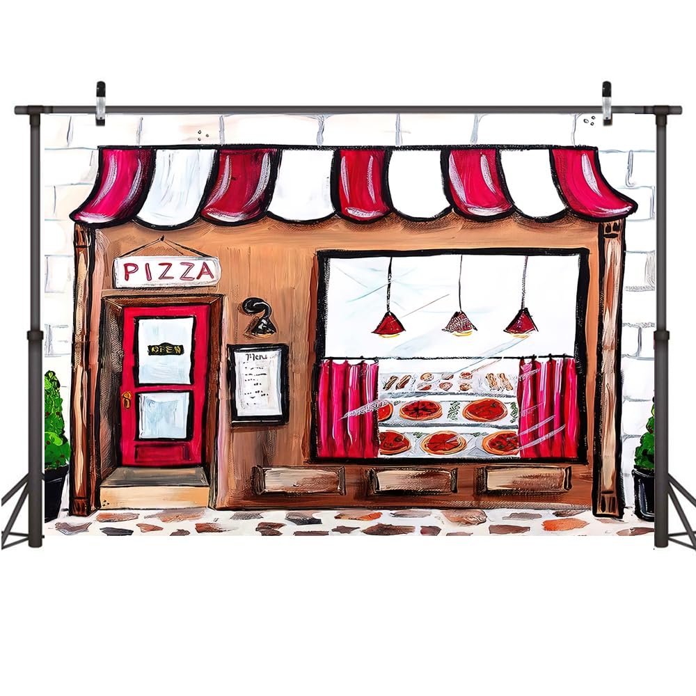 7x5ft Hand Painted Pizza Shop Backdrop Pizza Party Photography Backdrop Girls Boys Cooking Theme Birthday Photo Background Newborn Baby Shower Cake
