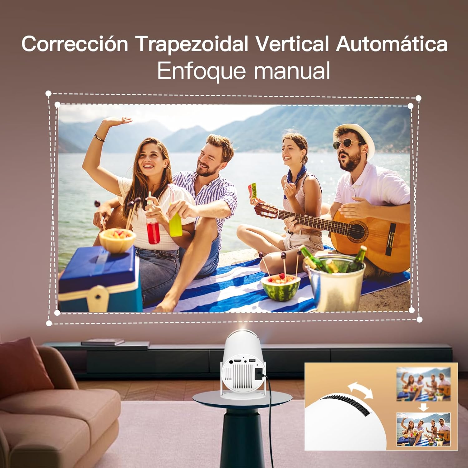 LYNCAST projector displaying various screen sizes (80, 100, 130 inches) at different distances (1.6m, 2m, 2.6m).