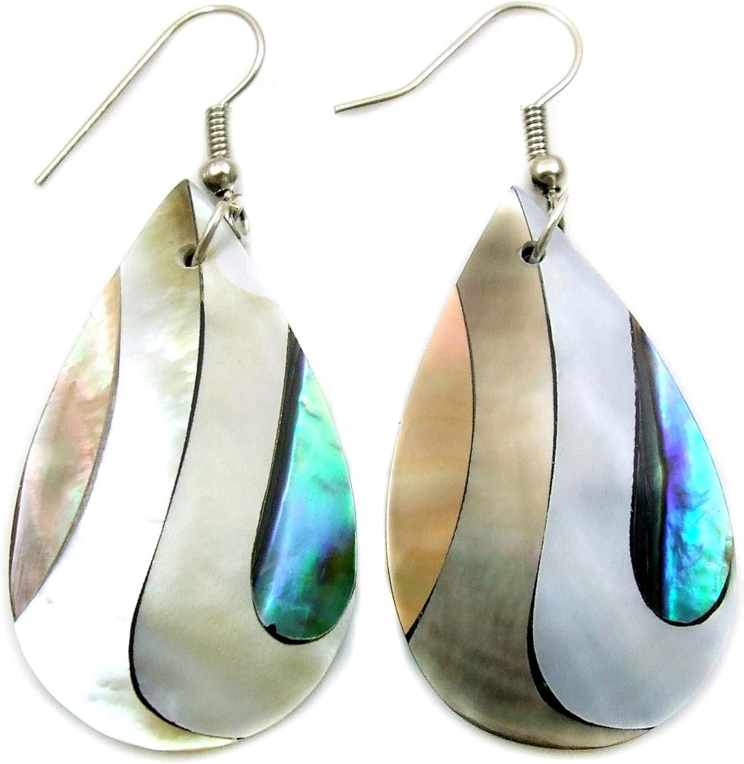 Iridescent Paua Abalone Earrings, Natural 2 Tone Mother of Pearl Dangle Drop Seashell Earrings for Women FA267