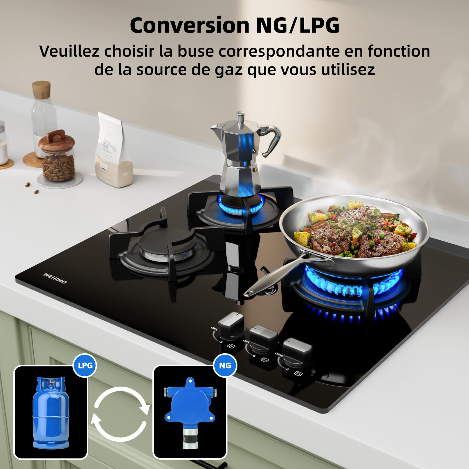 Wehimo - Placa de cocina de gas de 3 fuegos, placa de gas de 3 fuegos empotrable, mesa de cocción 60 cm, rejilla hierro fundido, 7750 W, cristal negro — view 2