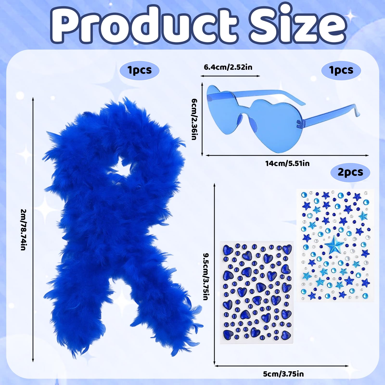 ZcrPrn 4PCS Feather Boas, Blue Feather Boa with Heart Sunglasses and Face Stickers, Retro Party Accessories - Image 2