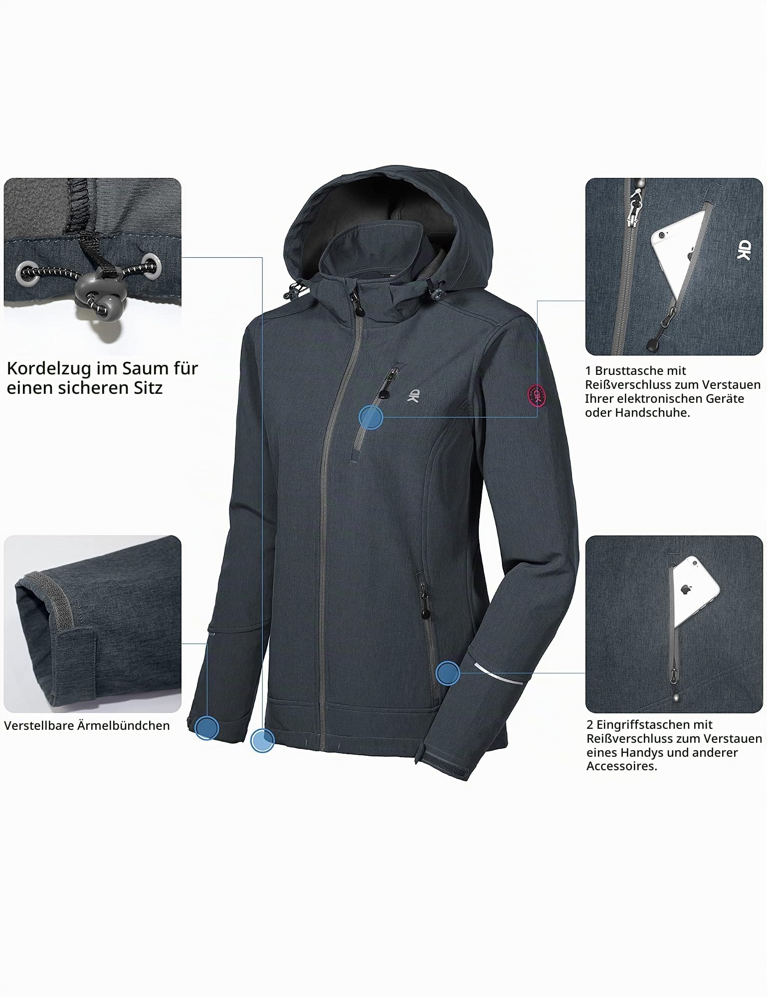 Little Donkey Andy Softshelljacke Damen Wasserdichte Atmungsaktive Fleece Warme Übergangsjacke Outdoorjacke mit abnehmbarer Kapuze