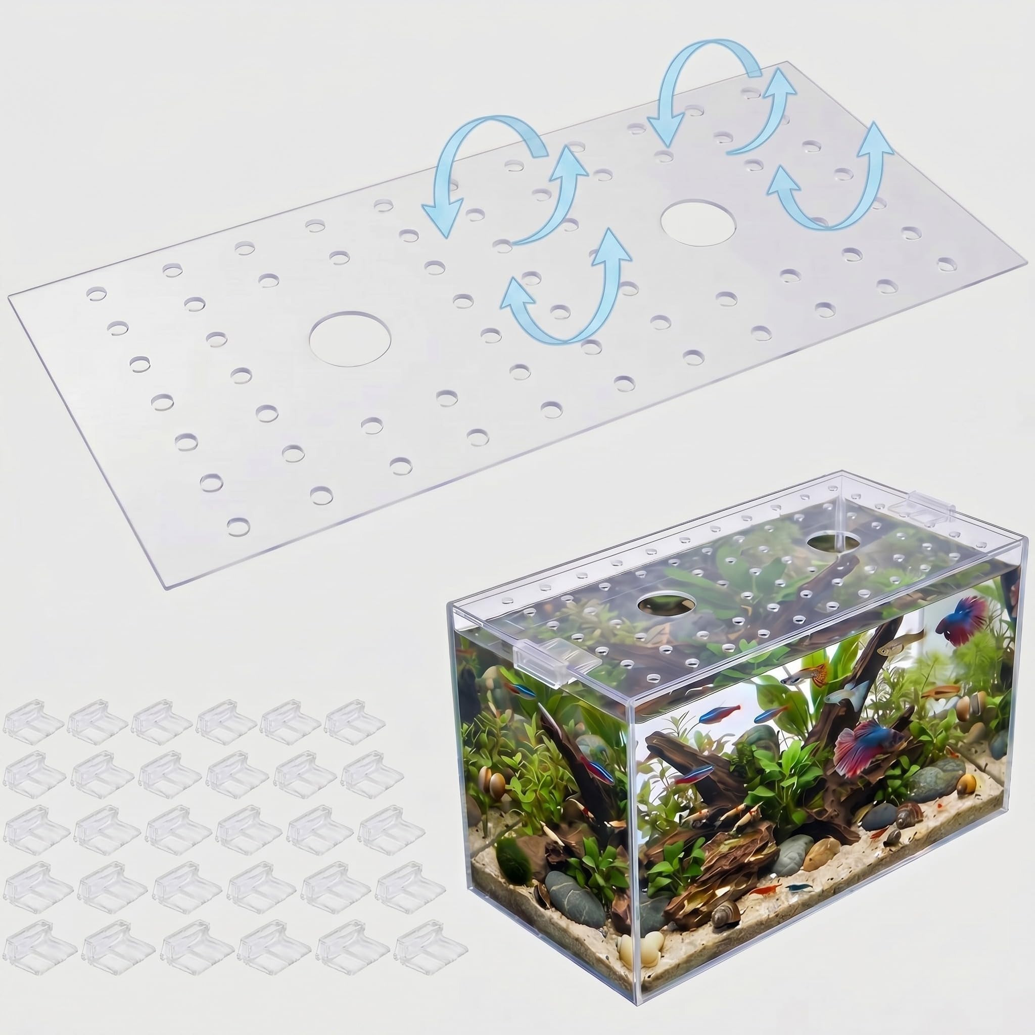 sieral clear aquarium polycarbonate canopy set with 30 cover clips 28.61 x 10.98 x 0.12 inches for 20/29/37 gallon without center brace aquariums cover anti-jump net canopy