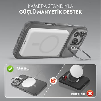 Babilden iPhone için Kılıf Kamera Korumalı Magsafe Wireless Şarj Özellikli Mat Şeffaf Renkli Standlı Lens Hediyeli Gri iPhone 17 Pro Max