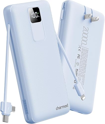 charmast Cargador portátil de 20000 mAh con cables integrados y enchufe de pared, cargador de batería USB C de 20 W, batería de carga rápida,