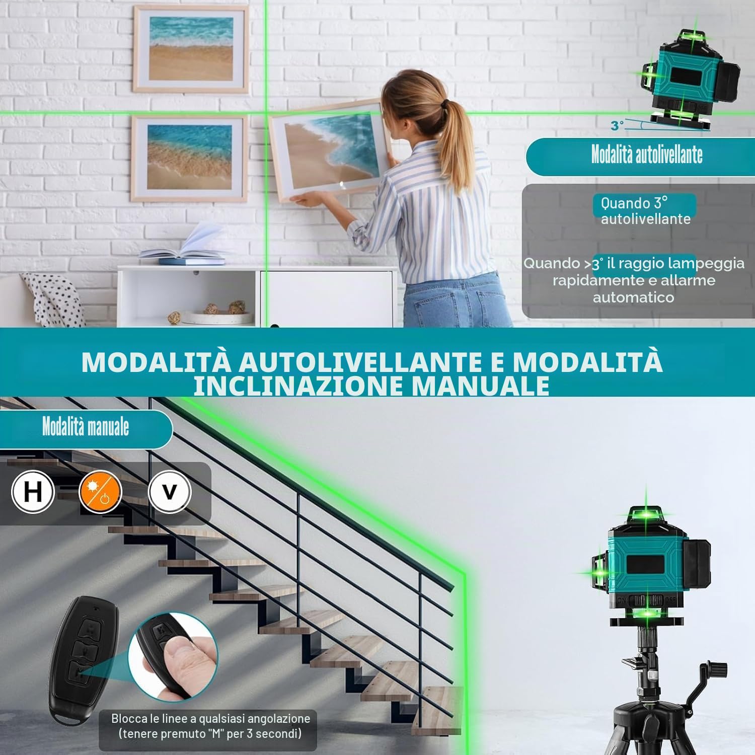 Livella Laser Autolivellante 16 Linee 4x360°, Livella Laser Verde Professionale Livello Laser Con 1.2m Treppiede E Supporto Rotante, Laser A Linee Incrociate Con 2x4800mah Ricaricabili Batterie