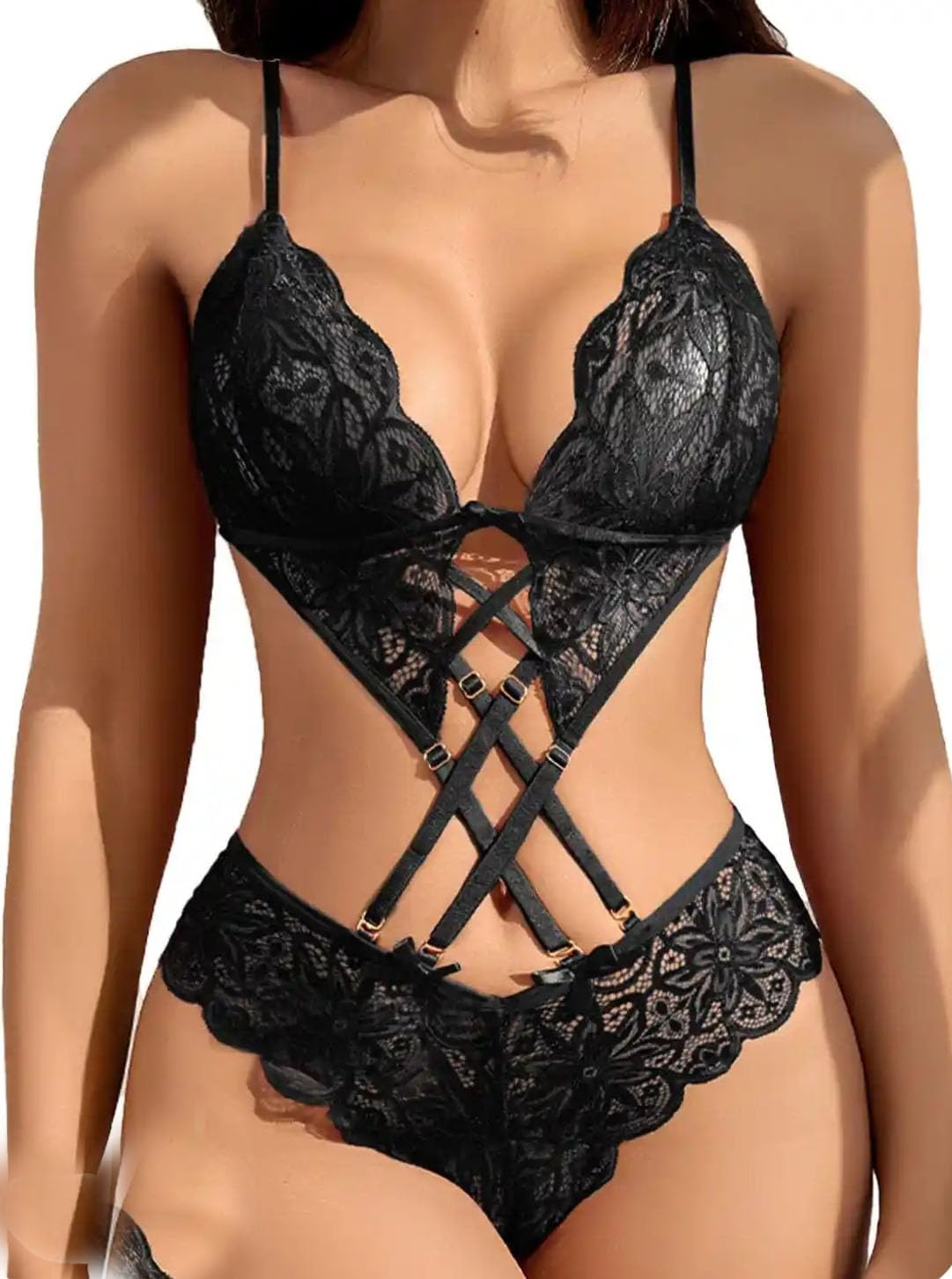 Women's Black Lace Bodysuit with Strappy Open Back-image-37