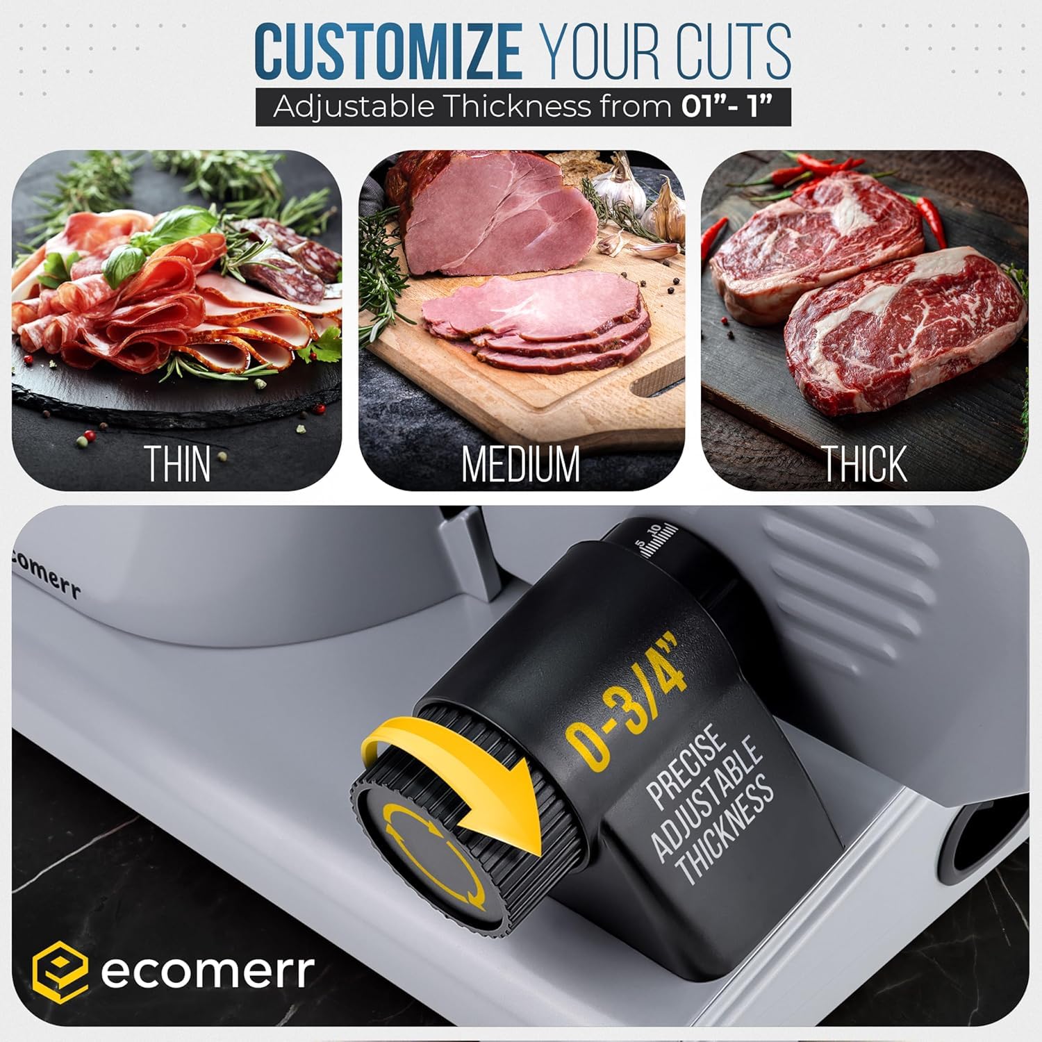 Cortador de carne, de 200 W potente rebanador eléctrico de alimentos para uso doméstico, queso, pan, verduras, hoja redonda de acero inoxidable de 7.5 pulgadas, protección de bloqueo de niños y grosor