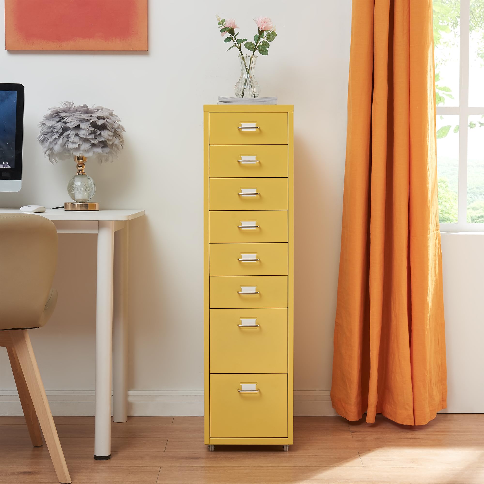 [en.casa] Cassettiera in Acciaio con Rotelle Mobile Archivio Schedario 109 x 28 x 41 cm cm Mobile da Ufficio con 8 Cassetti - Giallo