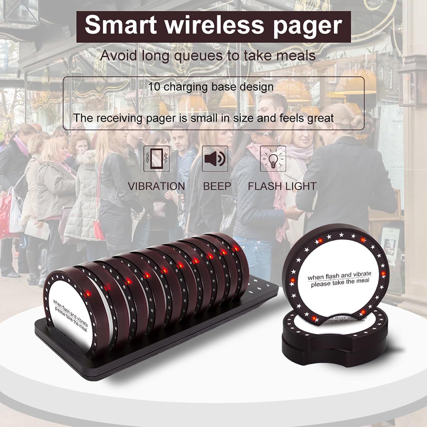 IINCOOY Wireless Restaurant Pager System Calling Coaster Buzzers Dual Charging Base for Cafe Church Clinic Food Court Food Truck