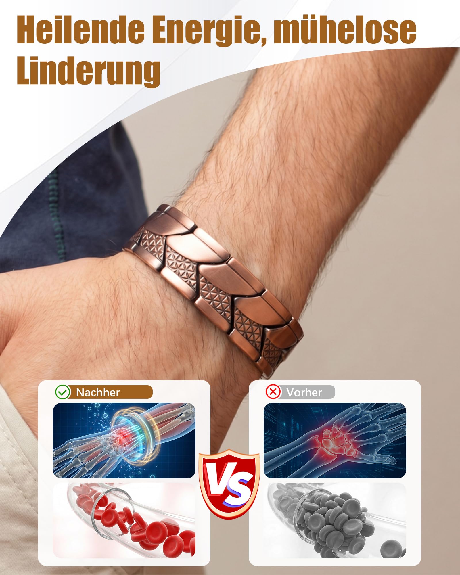 Jeracol Kupfer Magnetarmband Herren, 99% Reines kupferarmband mit ultrastarken Magneten, Einstellwerkzeug und Schmuck-Geschenkbox