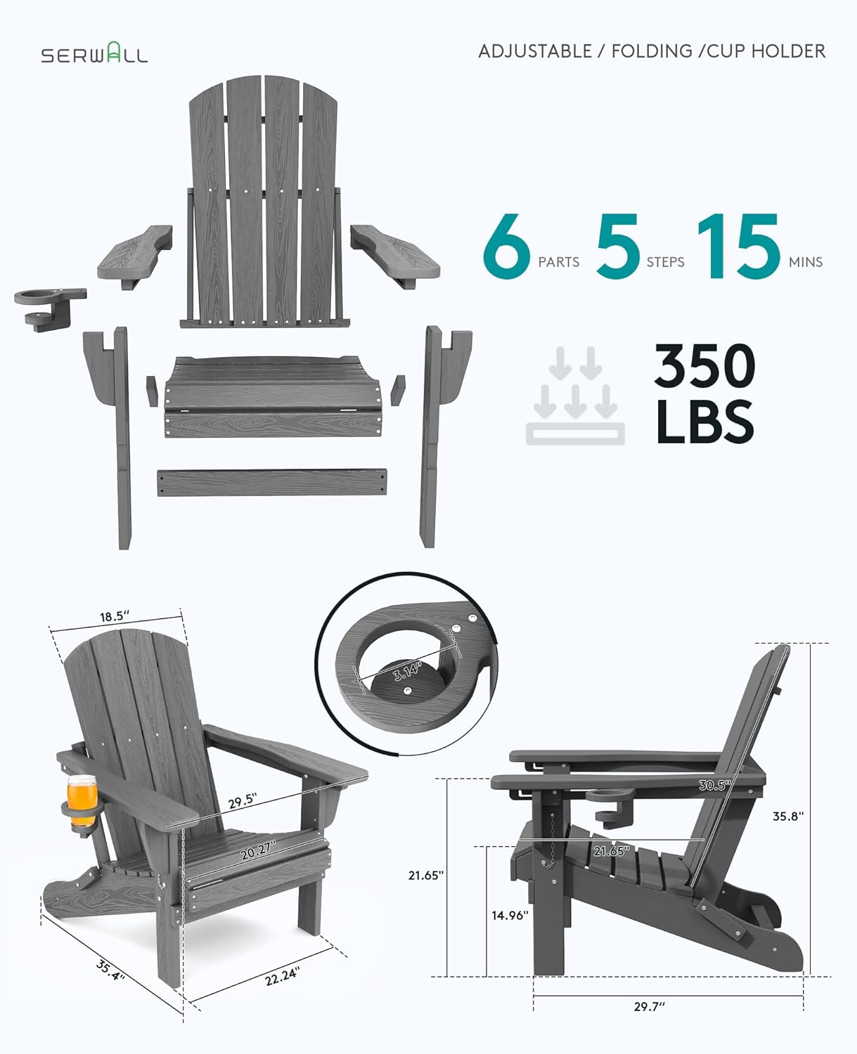 SERWALL Folding Adirondack Chair Set of 4, Adjustable Adirondack Chair with 3 Recline Positions, All Weather HDPE Outdoor Adirondack with Cup Holders, Gray