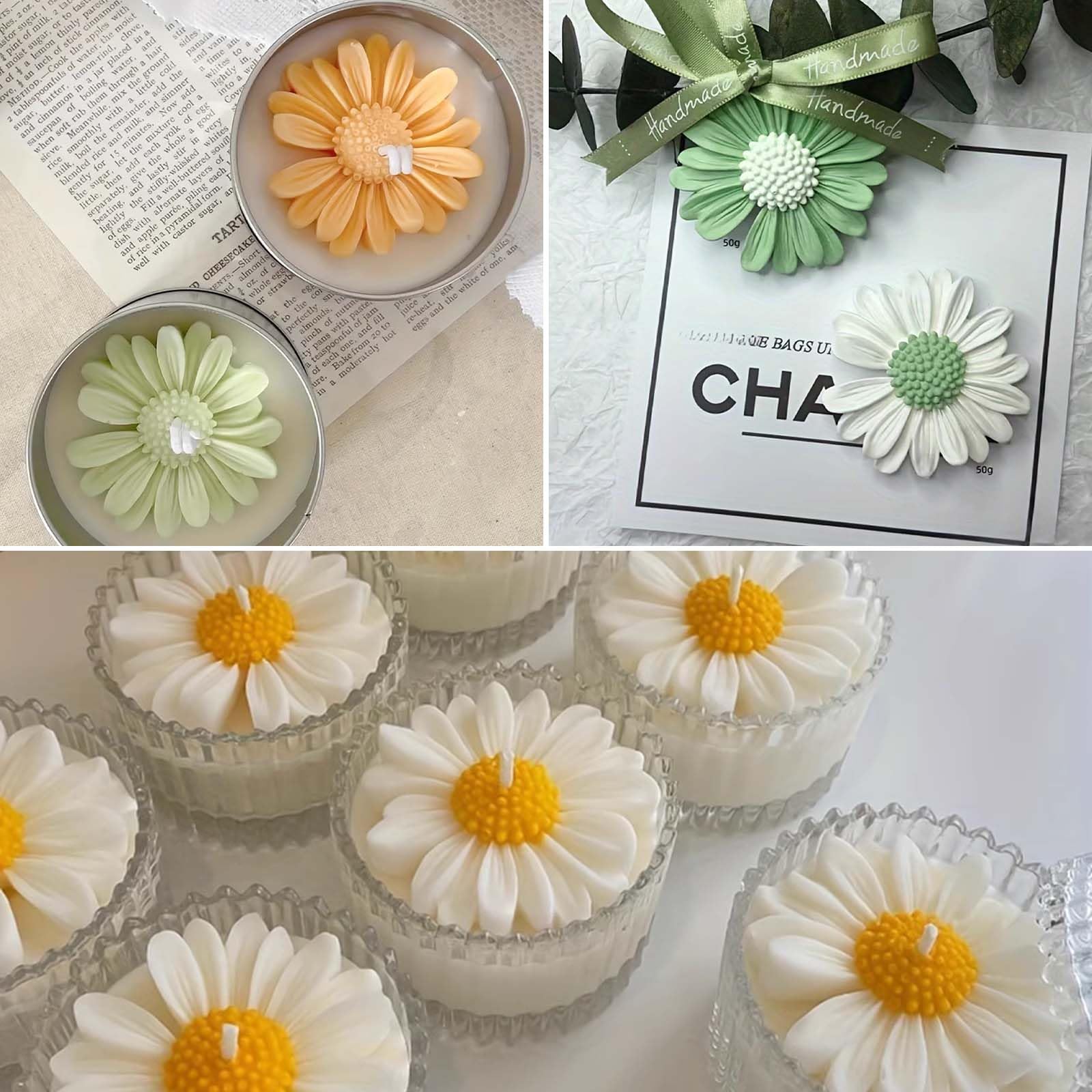 3 Stück Kerzen-Silikonformen – Blumenmotive (Pfingstrose, Rose, Gänseblümchen), Für DIY Kerzen, Seifen & Harz