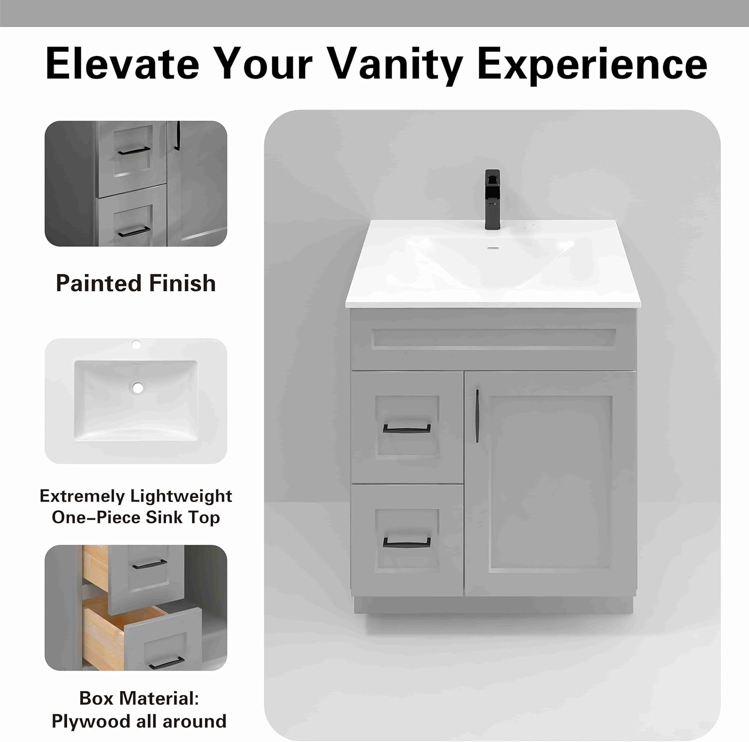 30" Light Grey Shaker Bathroom Vanity with Sink – Solid Surface One-Piece Top, Soft-Close Doors, Polyurethane Nano Resin Sink, Pre-Drilled Faucet Hole, Modern Bath Vanity Cabinet Set