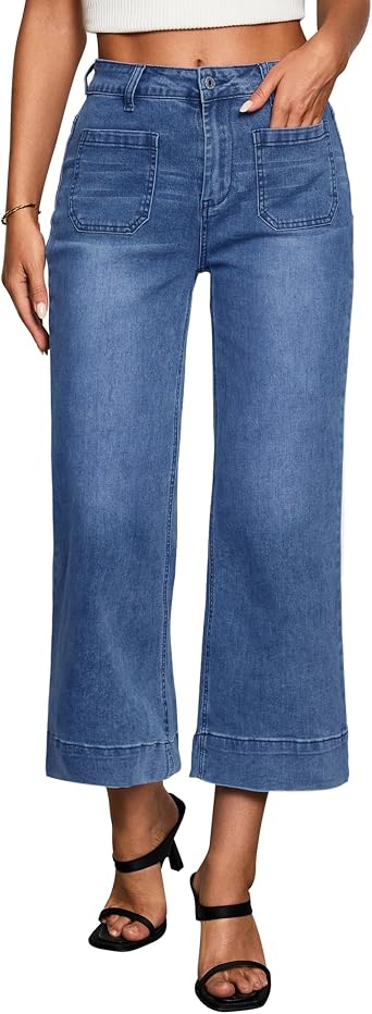 Vetinee Wide Leg Jeans for Women Baggy Flared Jeans High Waisted Cropped Jeans Stretchy Denim Trousers