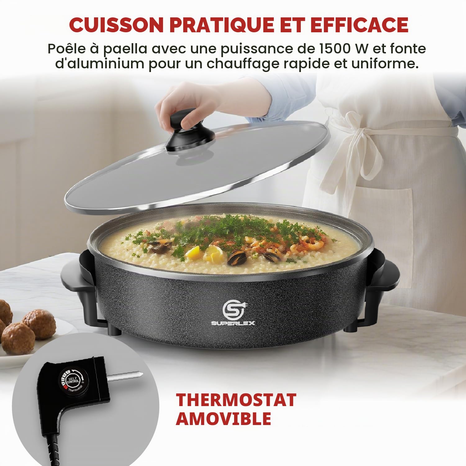 Poêle Multifonctionnelle 30x7 cm, 5,6 Litres Poêle Électrique avec Couvercle 1500W Poêle Électrique à Pizza (42CM)